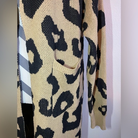Vestidos Tan Black Leopard Print Cardigan Womens‎ SZ L Duster Open Front sweater - Picture 4 of 7